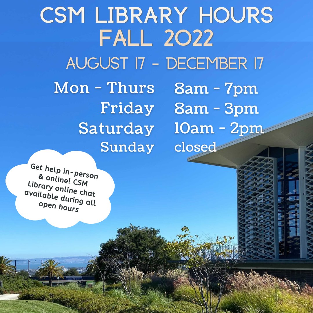 Welcome to Fall 2022! Don't forget that we have online library support for all of your back-to-school questions, whether it's about books, research, or just finding your classroom: collegeofsanmateo.edu/library/connec…. Librarians and library staff are here to help. Good to see you, Bulldogs!