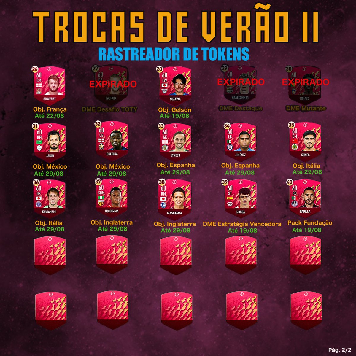 VovinhoFUT's tweet photo. Atualização dos tokens das Trocas de Verão 2 - 17/08

Sem novos tokens hoje, família! Dia de descansar, hahaha.

Tamo junto e bora jogar!

#fifa #fifa22 #fut #ultimateteam #fifatokens #summerSwaps #summerswaps2 #trocasdeverao https://t.co/zOZ6v0GCAr