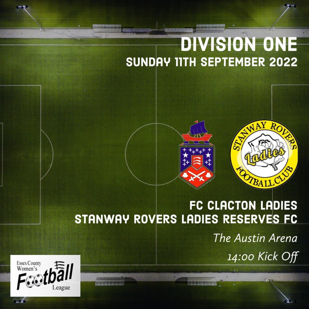 Essex County Womens Football League (@ecwfl) on Twitter photo 🏆 Division One
<a href="/BlackmoreLadies/">Blackmore Ladies FC</a> vs <a href="/LeighRambLadies/">Leigh Ramblers 🐏 ⚽️</a>
<a href="/Corinthians1FC/">Corinthians Firsts</a> vs <a href="/CosmosLadiesFc/">Corringham Cosmos Ladies⚽️</a>
<a href="/ClactonLadies/">FC Clacton Ladies</a> vs <a href="/FcStanway/">Stanway Rovers Ladies FC</a> Reserves
#HerGameToo 🏆 Division One
<a href="/BlackmoreLadies/">Blackmore Ladies FC</a> vs <a href="/LeighRambLadies/">Leigh Ramblers 🐏 ⚽️</a>
<a href="/Corinthians1FC/">Corinthians Firsts</a> vs <a href="/CosmosLadiesFc/">Corringham Cosmos Ladies⚽️</a>
<a href="/ClactonLadies/">FC Clacton Ladies</a> vs <a href="/FcStanway/">Stanway Rovers Ladies FC</a> Reserves
#HerGameToo