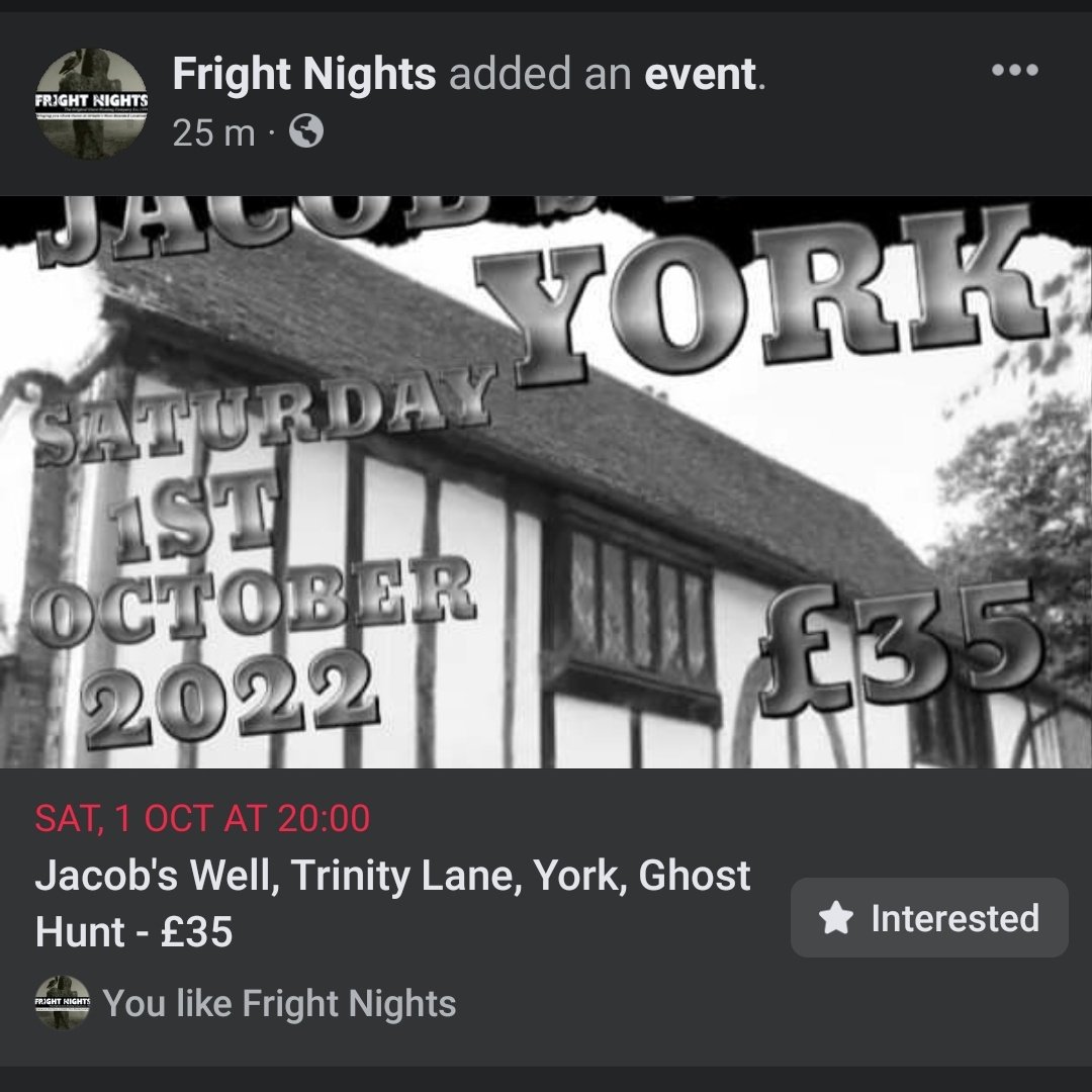 Fright Nights: East &amp; South Yorkshire 
Ghost Hunting at Jacobs Well, York - £35

1st October 2022

Tickets available on... 
Mob: 07852 998628 
Email: office@frightnights.co.uk 
Website: frightnights.co.uk
<a href="/FrightNights0/">@frightnightsghosthunts</a> 
#frightnights #ghosthunting