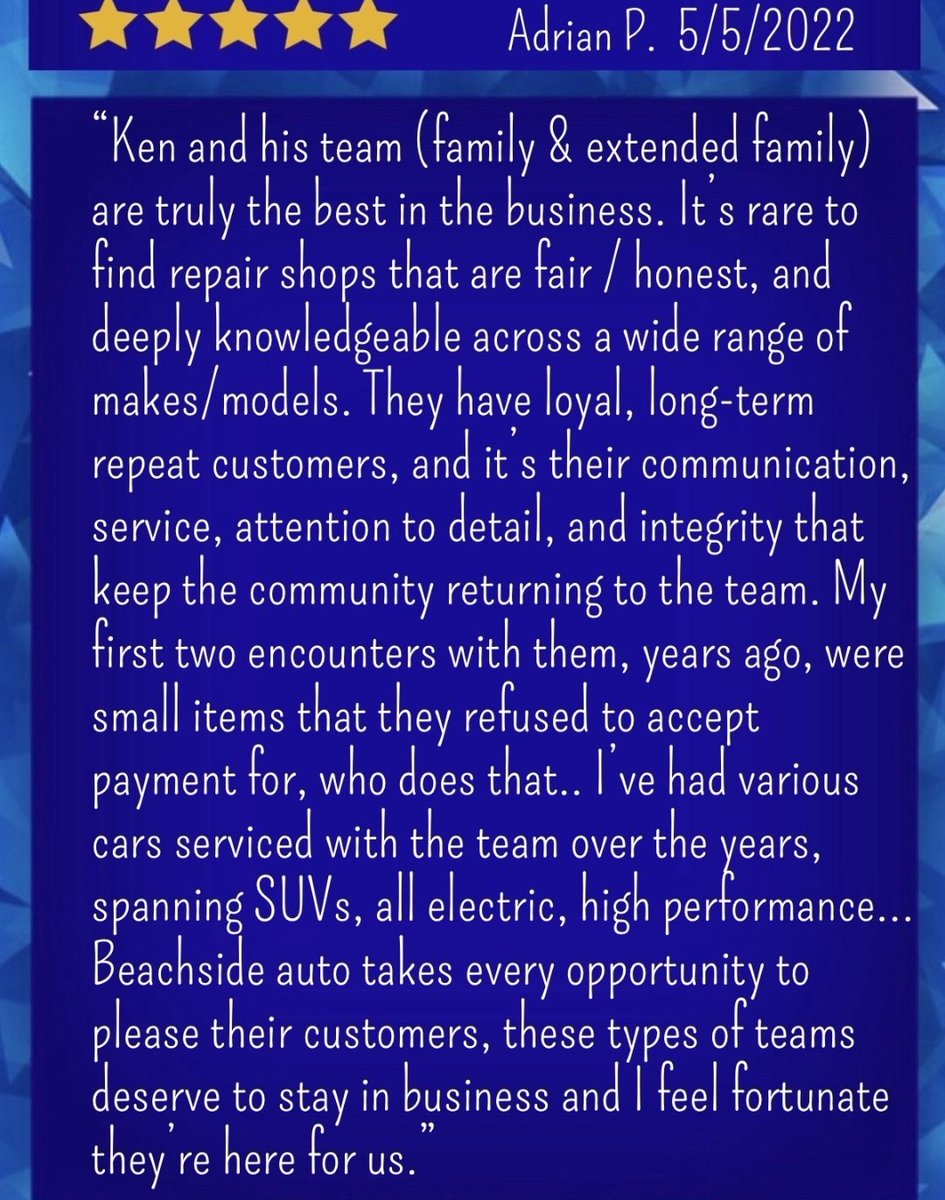 beachside_hb's tweet photo. Thanks for the awesome review Adrian! We love our Beachside Auto customers!
.
.
.
#automechanic
#autorepair
#autorepairnearme
#bestautorepair
#bestautorepairnearme
#hermosabeach
#car
#carsofinstagram
#90254
#Tesla
#teslabrakes
#teslarepair
#autodiagnostic
#enginediagnostic https://t.co/WCqm6f3WYR
