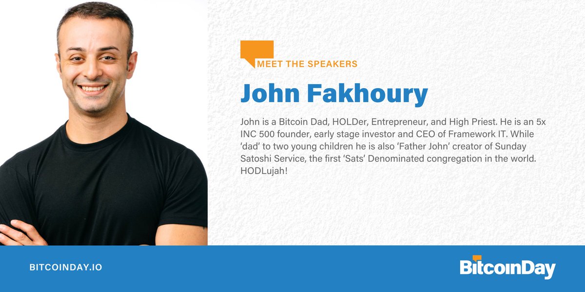 bitcoindayio's tweet photo. HODLujah! We are excited to have #BTC Dad, HODLer, Entrepreneur, High Priest &amp; CEO @Framework_IT, John Fakhoury, speaking at #BitcoinDay #Nashville! He will be speaking about 'Parenting as a Bitcoiner.’ Grab your ticket today at https://t.co/O1PoGPKzvv https://t.co/0JvXteAKLG