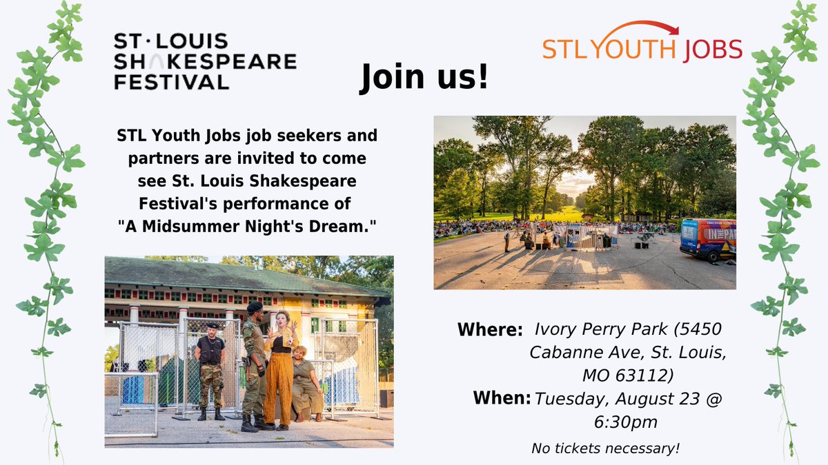 *LOCATION CHANGE* Save the date! Join <a href="/StlYouthJobs/">STL Youth Jobs</a> and <a href="/STLShakesFest/">St. Louis Shakespeare Festival</a> Tuesday, 8/23 at 6:30pm for a performance of "A Midsummer Night's Dream" at Ivory Perry Park (5450 Cabanne Ave, St. Louis, MO 63112).

#stlyouthjobs #stlshakesfest #shakespeare #free performance