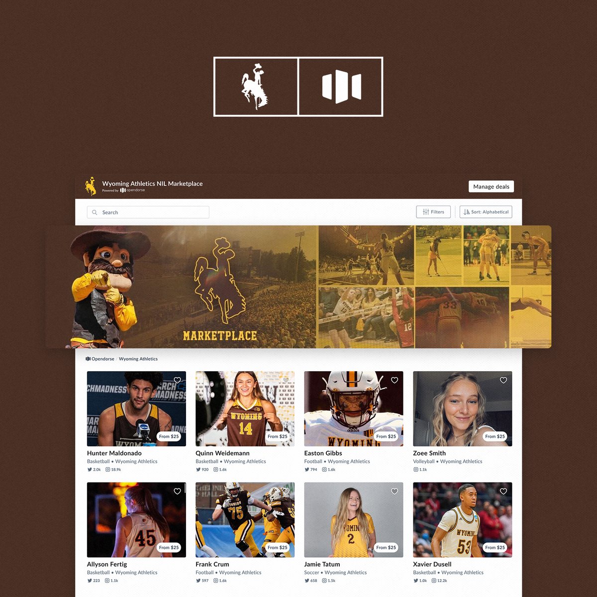 opendorse's tweet photo. Wyo has their NIL HQ!

Fans, donors, and sponsors, pitch your Pokes a partnership on the Wyoming NIL Marketplace ⬇️

https://t.co/UKVzRWUSyM https://t.co/NNZBUSCdUL