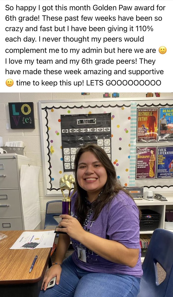 morgankoberg's tweet photo. Gotta brag on my (former) student teacher. First week of school and she’s already won the golden paw. I miss the Dream Team but it’s a joy seeing her spread her wings! https://t.co/g0vLKrfqQi