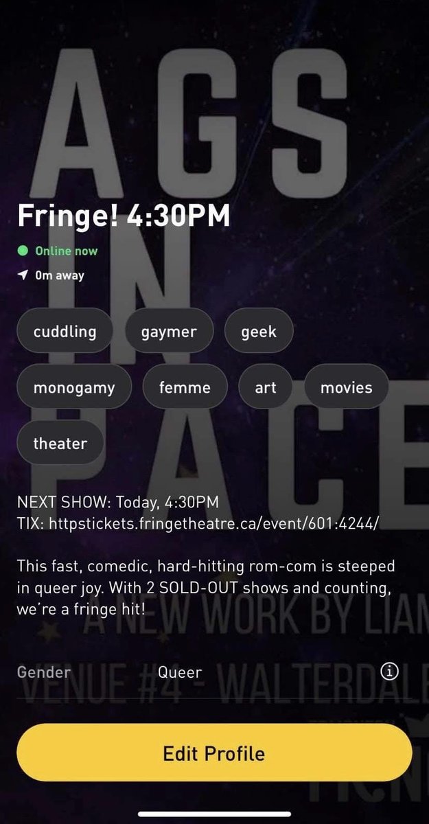 New grindr stud has entered the fray 👀

Bring your friends. 👀👀

(Next show at 4:30pm @ Walterdale) 

<a href="/edmontonfringe/">Edmonton Fringe</a> 

Details: salmliam.com/fis