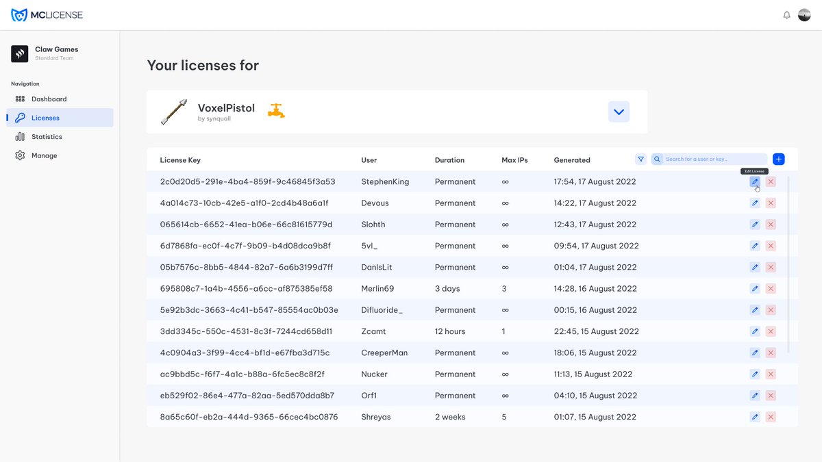 MCLicense's tweet photo. Here's the next leak... this is the licenses page which presents all licenses, search/filter functionalities and controls to edit and delete.

Join our Discord for more sneak peaks:
https://t.co/lKtdzdQ3ok https://t.co/d91E9YLIXK