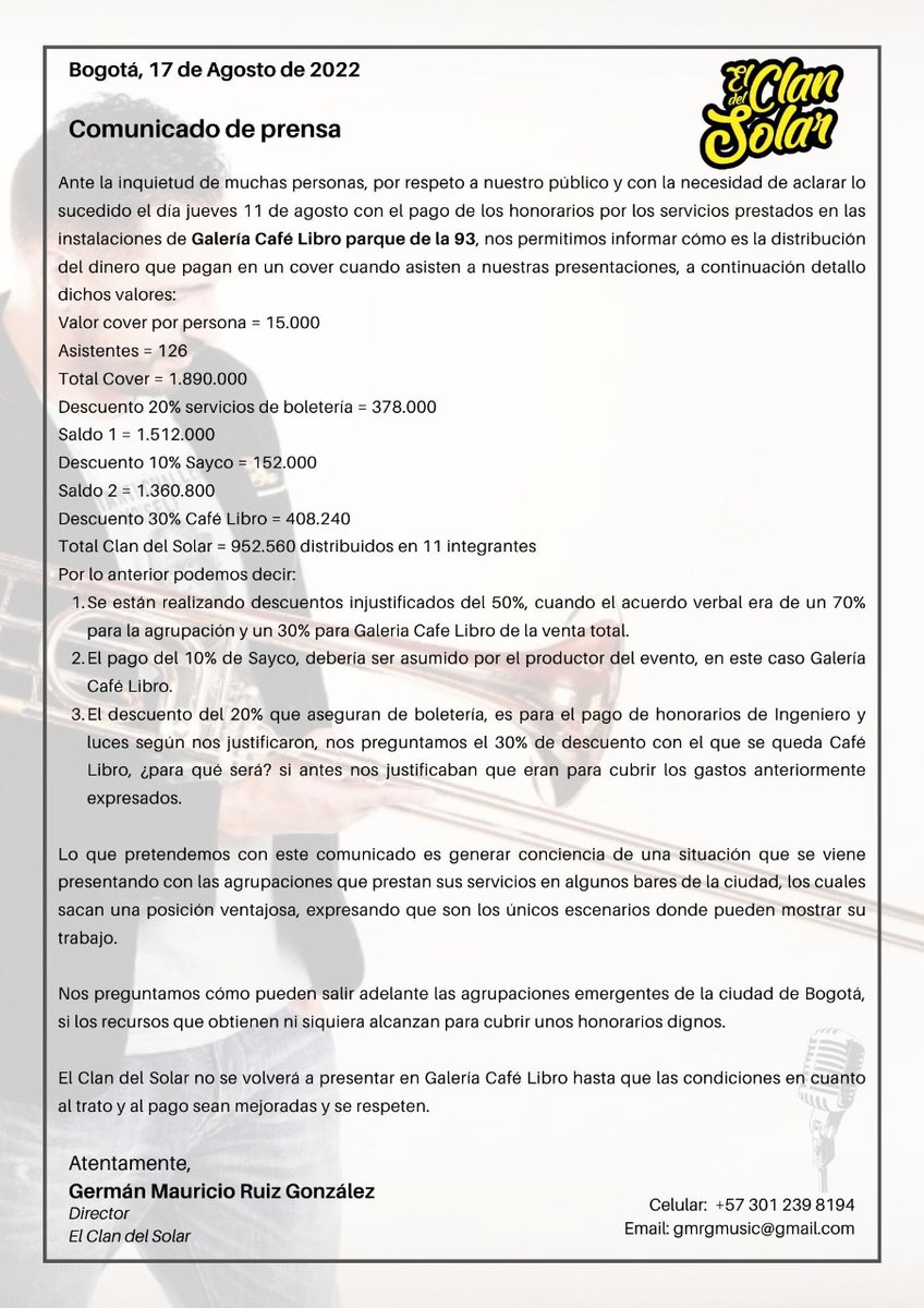 Ya estamos cansados de los abusos de parte de <a href="/cafelibro/">Galería Café Libro</a>, queremos que la gente conozca lo que pasa ahí <a href="/Citytv/">Canal Citytv</a> <a href="/FranciaMarquezM/">Francia Márquez Mina</a> <a href="/mincultura/">MinCultura Colombia</a> <a href="/idartes/">Idartes</a> <a href="/WRadioColombia/">W Radio Colombia</a> <a href="/lafm/">La FM</a> <a href="/CanalCapital/">Canal Capital</a> <a href="/CanalUnoTv/">Canal Uno Tv</a>