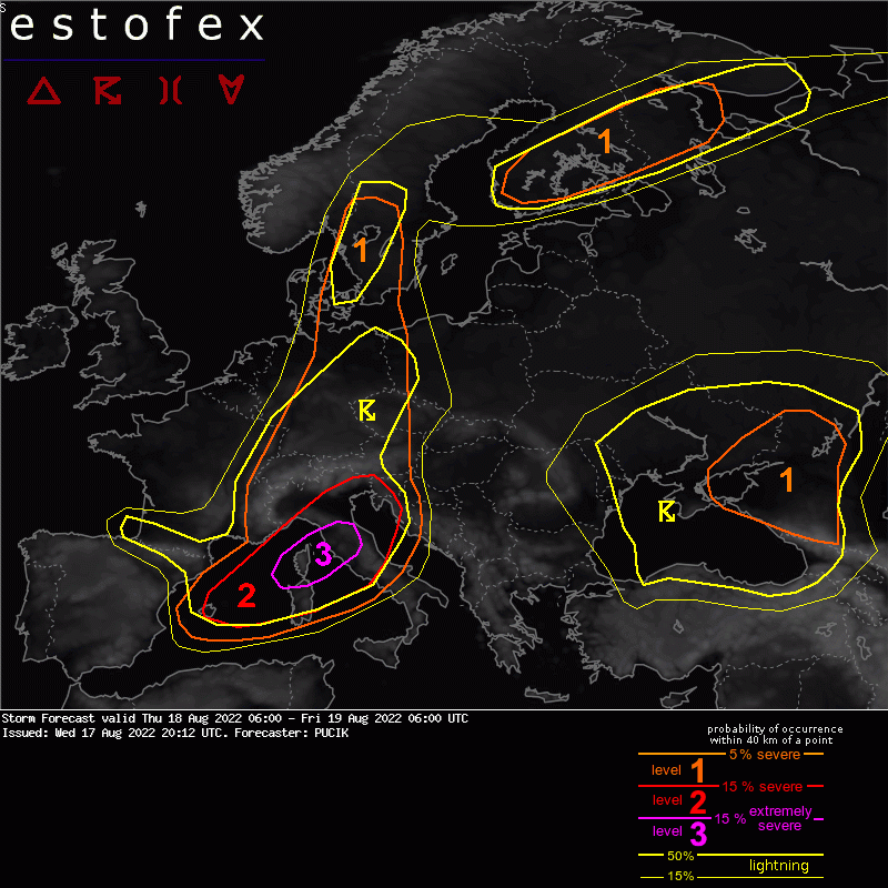 Estofex's tweet photo. Storm Forecast: Level 3 issued by Pucik for period Thu 18 Aug 2022 06:00 - Fri 19 Aug 2022 06:00 UTC - https://t.co/sG9nPpo50h
 - https://t.co/p9LswmdtBF