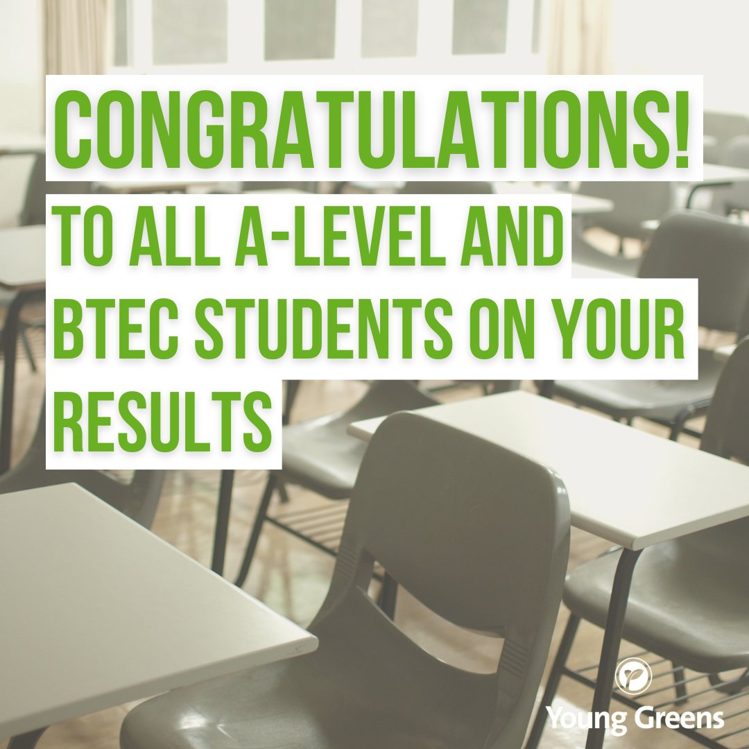 🎉 Congratulations to all A-level and BTEC students receiving their results today!

After two years of disrupted education, A-Level students should be very proud of the results that they’ve achieved.

Read our comments on results day 👉 younggreens.org.uk/oung-greens-co…