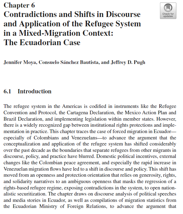 My day received a lift when I saw that my chapter with two former students, Jennifer Moya and Consuelo Sanchez, has been published in the open access <a href="/IMISCOE/">IMISCOE</a> book Migration in South America, edited by Gioconda Herrera &amp; Carmen Gomez: link.springer.com/chapter/10.100….  Check it out!