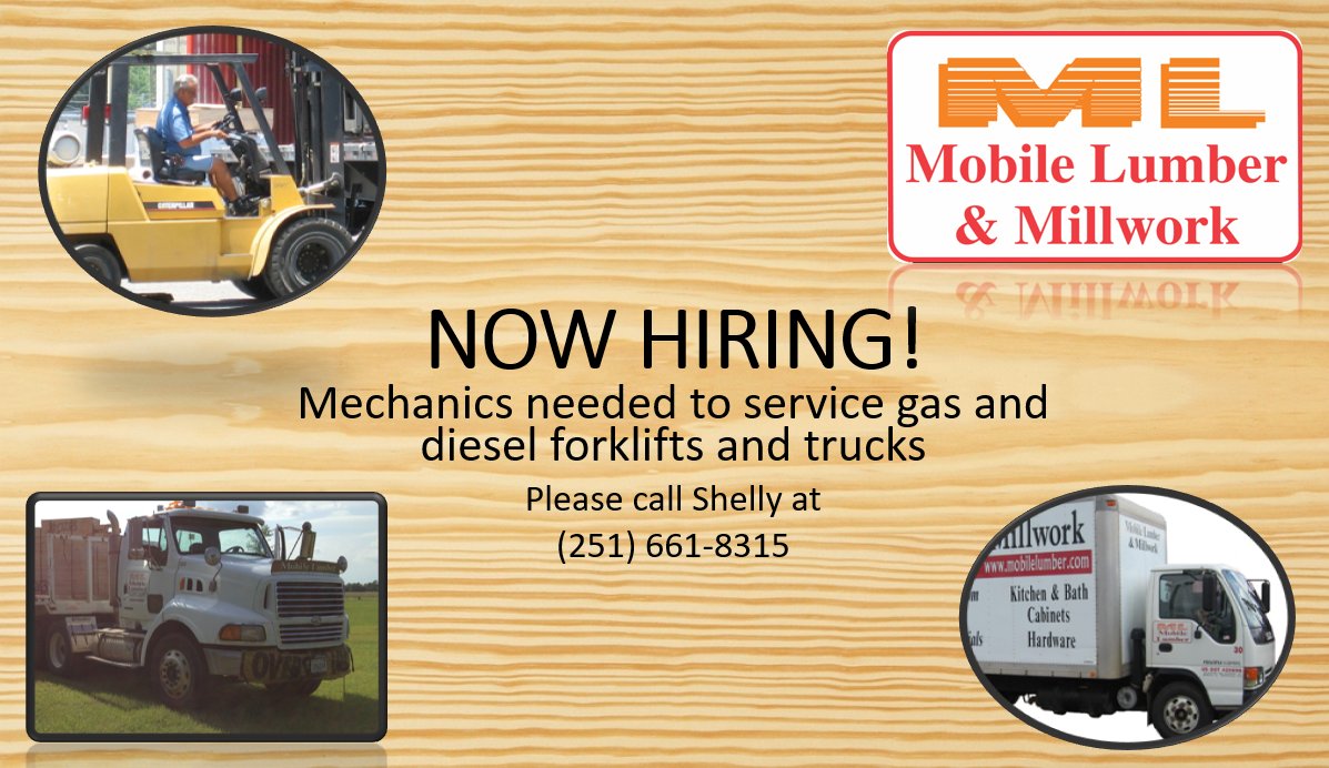 MobileLumber's tweet photo. We have a need for mechanics to service our growing fleet of gas and diesel forklifts and trucks. Give us a call at 251-661-8315 to inquire or apply. Position is based out of Mobile. https://t.co/sXQ82NLL7Z