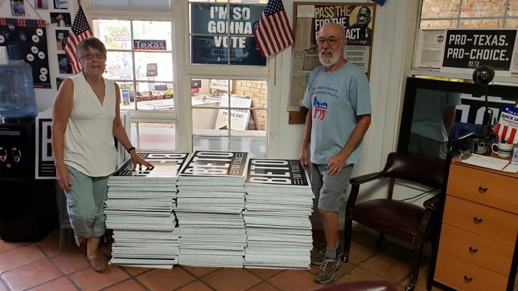 Bastrop_Dems's tweet photo. We've got a few Beto signs in the office! They are $4 each. Limit is five. 
#BetoForGovernor https://t.co/GW6ZzXmTM8