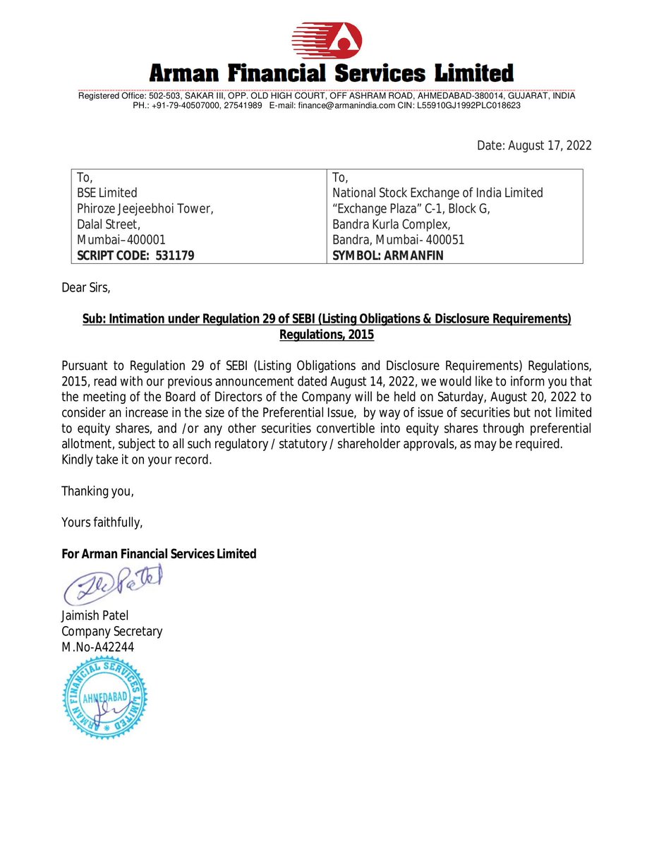 ARMAN FINANCIAL SERVICES LTD. - 531179 - Board Meeting Intimation for Intimation Under Regulation 29 Of SEBI (Listing Obligations &amp; Disclosure Requirements) Regulations, 2015
