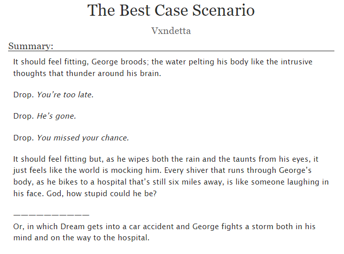 vxndettta's tweet photo. NEW FIC !!

The Best Case Scenario
(dnf, 5.2k wc, car accident)

rts are Lovely

Summary and Tags https://t.co/7BUFVQP6mF