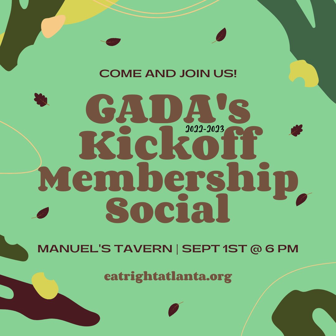 🎉 GADA’s kickoff social is just 2 weeks away. We can’t wait to see you at Manuel’s Tavern Thursday, September 1st @ 6pm. 
We will have annual membership registration at the door ($35 for RDNs and $10 for students/interns). eatrightatlanta.us6.list-manage.com/track/click?u=…