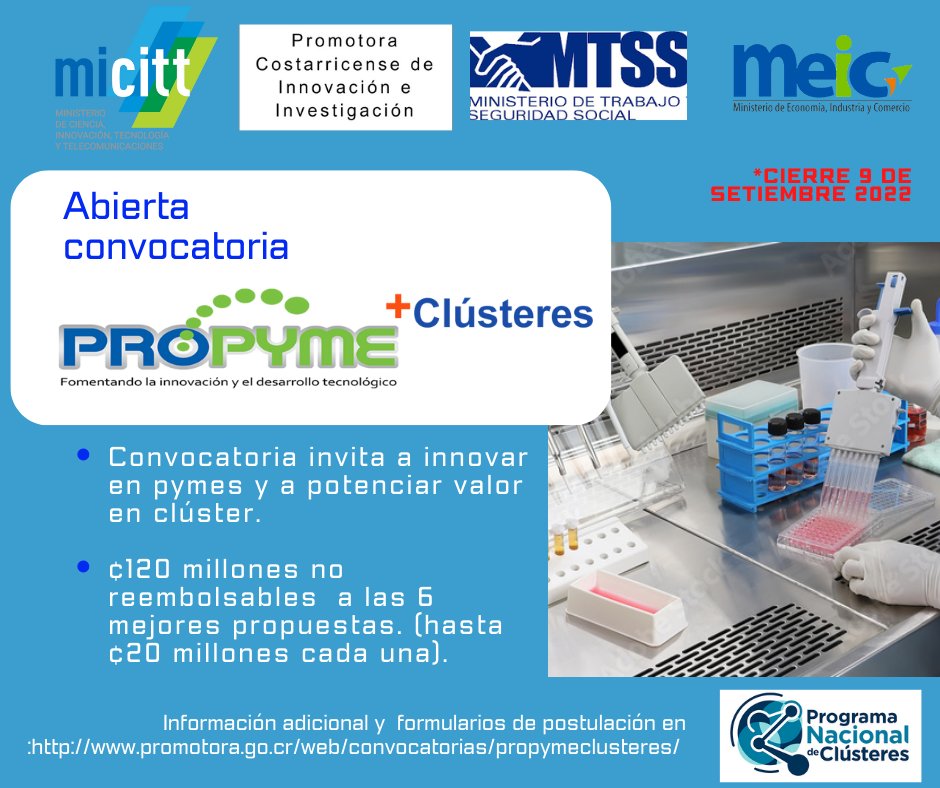 micittcr's tweet photo. Abierta la convocatoria Propyme + Clusters que invita a potenciar el valor de las pymes en sus respectivos clúster.
Infomación adicional con la Ing. Alejandra Araya aaraya@promotora.go.cr o en el enlace https://t.co/YzvvngK22k
#MICITT #MEIC #MTSS #PCII https://t.co/ZfceRc3MMK