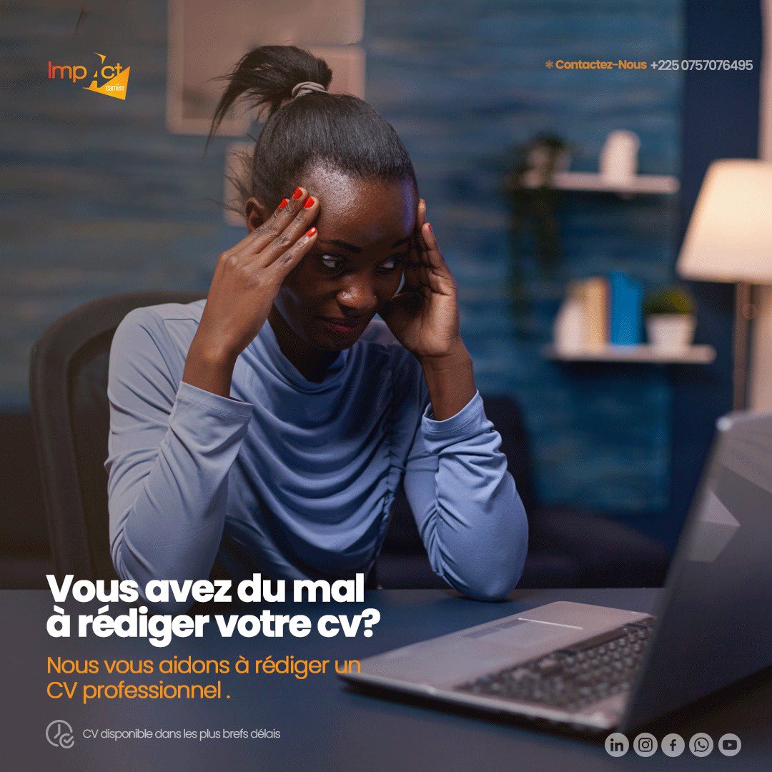 DomieKouaho's tweet photo. Vous avez du mal à rédiger votre CV ? Nous vous aidons à rédiger un CV professionnel.
Contactez-nous: 📲: +225 0757076495 (whatsapp)
📩: info@impactcarriere.com
#impactcarriere #cvprofessionnel #cvpro #cv #cvabidjan #redactioncv #afrique #civ225 #Emploi #travail #stage #cdd #cdi https://t.co/hK4HrC42pd