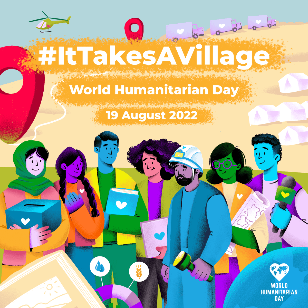 UN's tweet photo. Around the world, #ItTakesAVillage of humanitarians to deliver life-saving assistance every hour of every day.
Ahead of #WorldHumanitarianDay, we stand with them & recognize their important work.
Join us in thanking them: https://t.co/agF7ZB5viI https://t.co/rZcxXldN5f