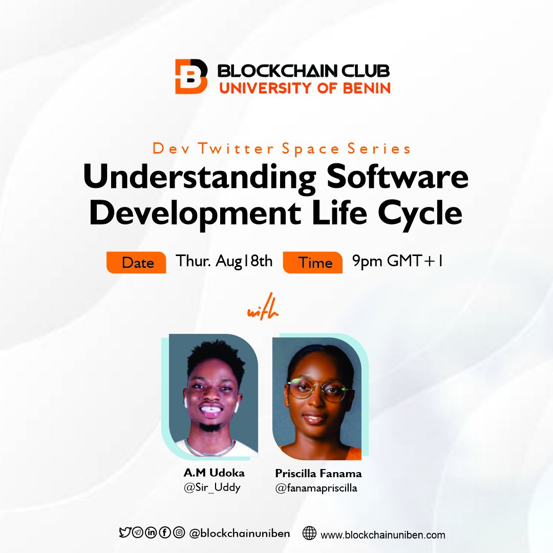 unibencrypto's tweet image. #DevHangout with @unibencrypto

As a #developer, do you know the #SDLC is a framework that helps to produce #softwares with the highest quality? 

Join us tomorrow as we talk about the #sdlc with @Sir_Uddy × @fanamapriscilla right here on Twitter.

🕰: 9 PM

Set a reminder👇