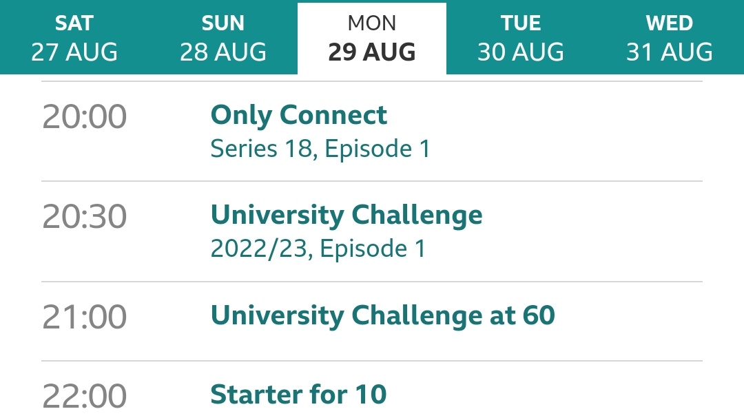 Bobby_Seagull's tweet photo. Rejoice quiz fans for an exciting Monday 29 August 🚨

#OnlyConnect with @VictoriaCoren followed by final season of #UniversityChallenge with Paxman.

Then a documentary celebrating 60 years of UC and finally the #StarterForTen film starring Benedict Cumberbatch &amp; James McAvoy. https://t.co/2m41cOCd7R