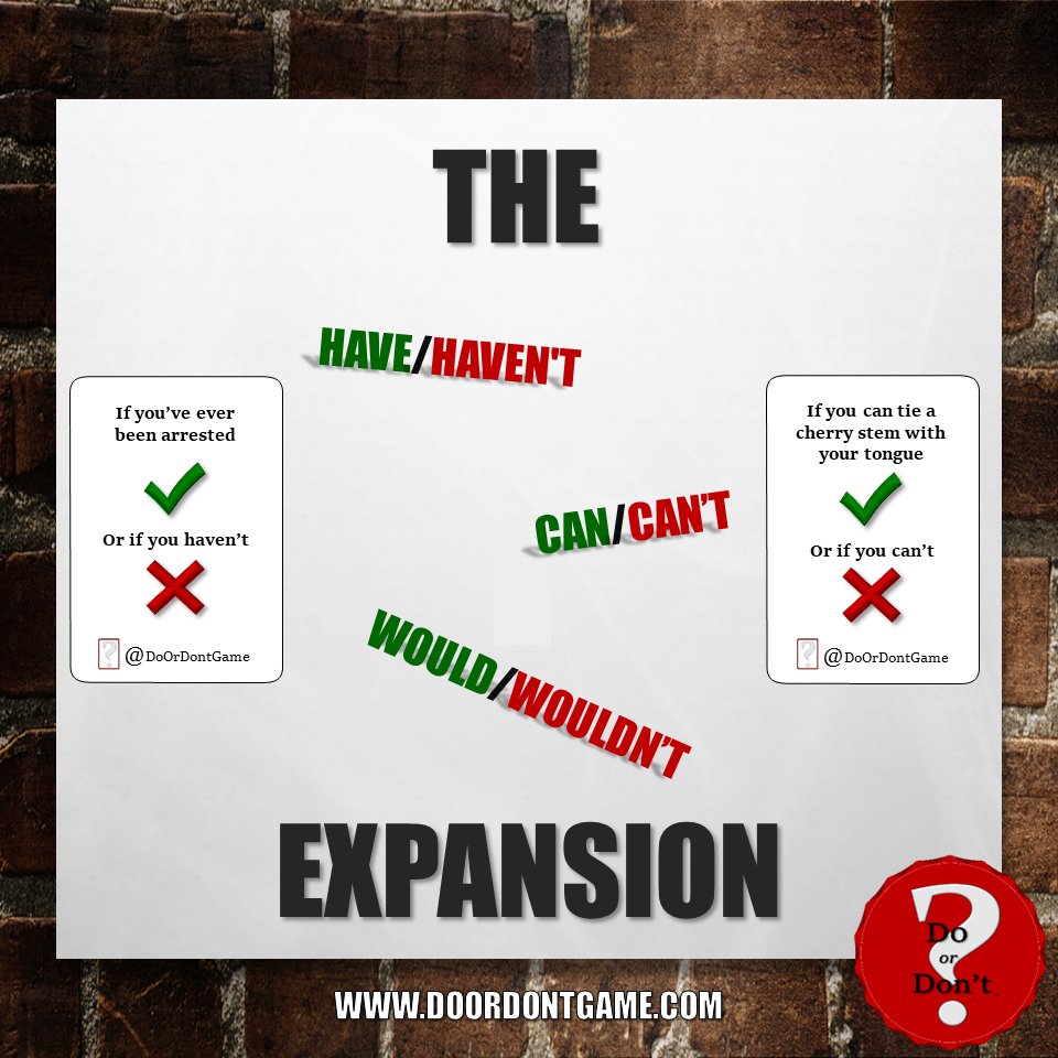 DoOrDontGame's tweet photo. Coming soon! This killer expansion will add tons of fun to Do or Don't. Be sure to grab your copy of the base game so you're ready for the expansion. 

https://t.co/3N8xpFdUw0

#doordont #expansion #partygames #drinkinggames #tabletopgames #family #friends #fun #laughs #goodtimes https://t.co/KqxOgw4o9G