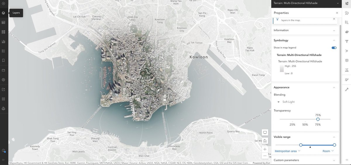 Finally have time to try the blending mode and effects in <a href="/ArcGISOnline/">ArcGIS Online</a> map viewer. Definitely a marvellous tool in terms of #cartography. Didn’t expect mixing basemaps and hillshades could be that easy 👀

#gischat