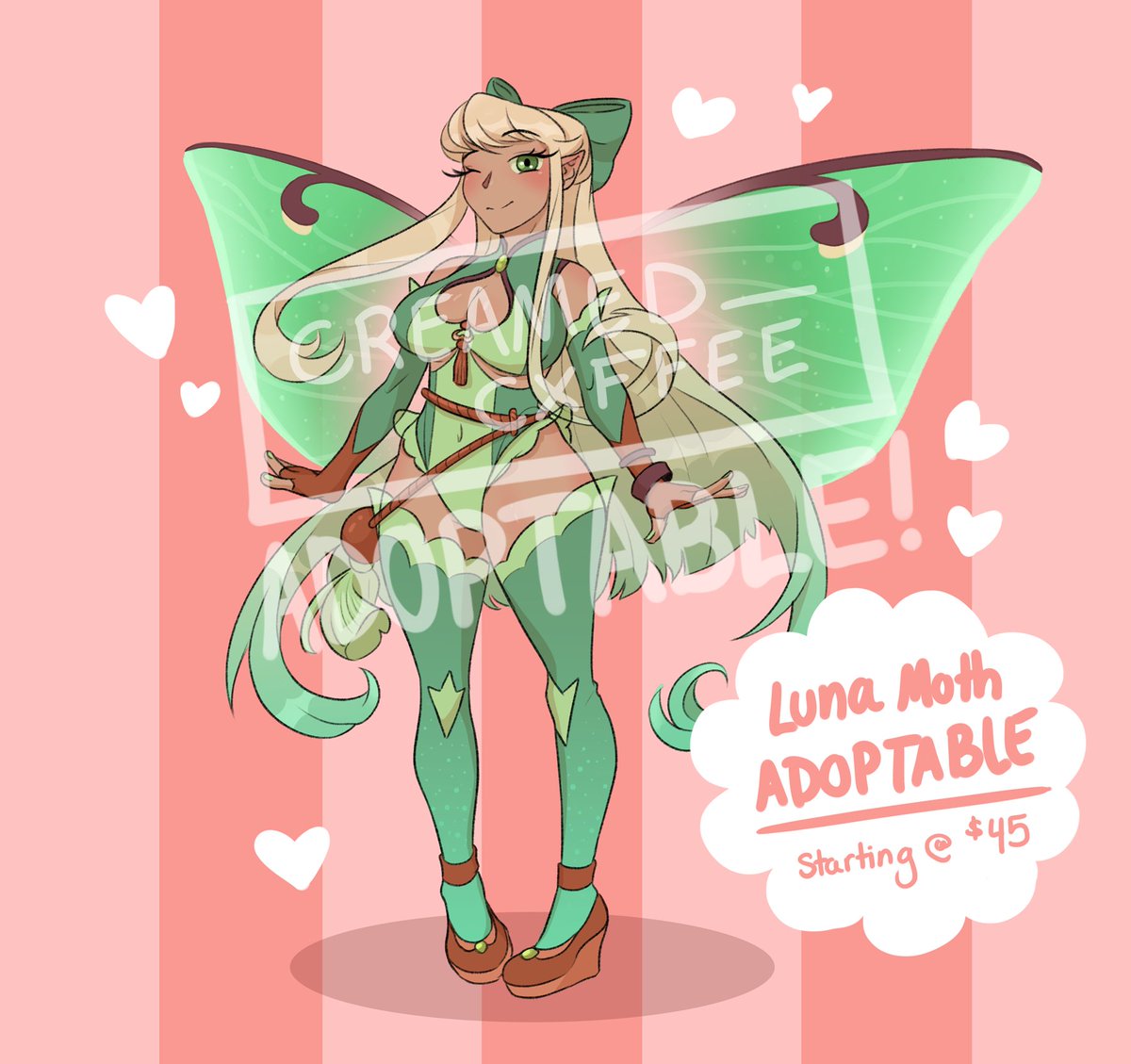 I thought I'd shoot my shot with some nsfw adoptables - with the first one being this luna moth fairy! 
DM if interested, bidding (if multiple people are interested) will end August 20th @ midnight
🦋✨💚 #adoptable #mothfairy #anime