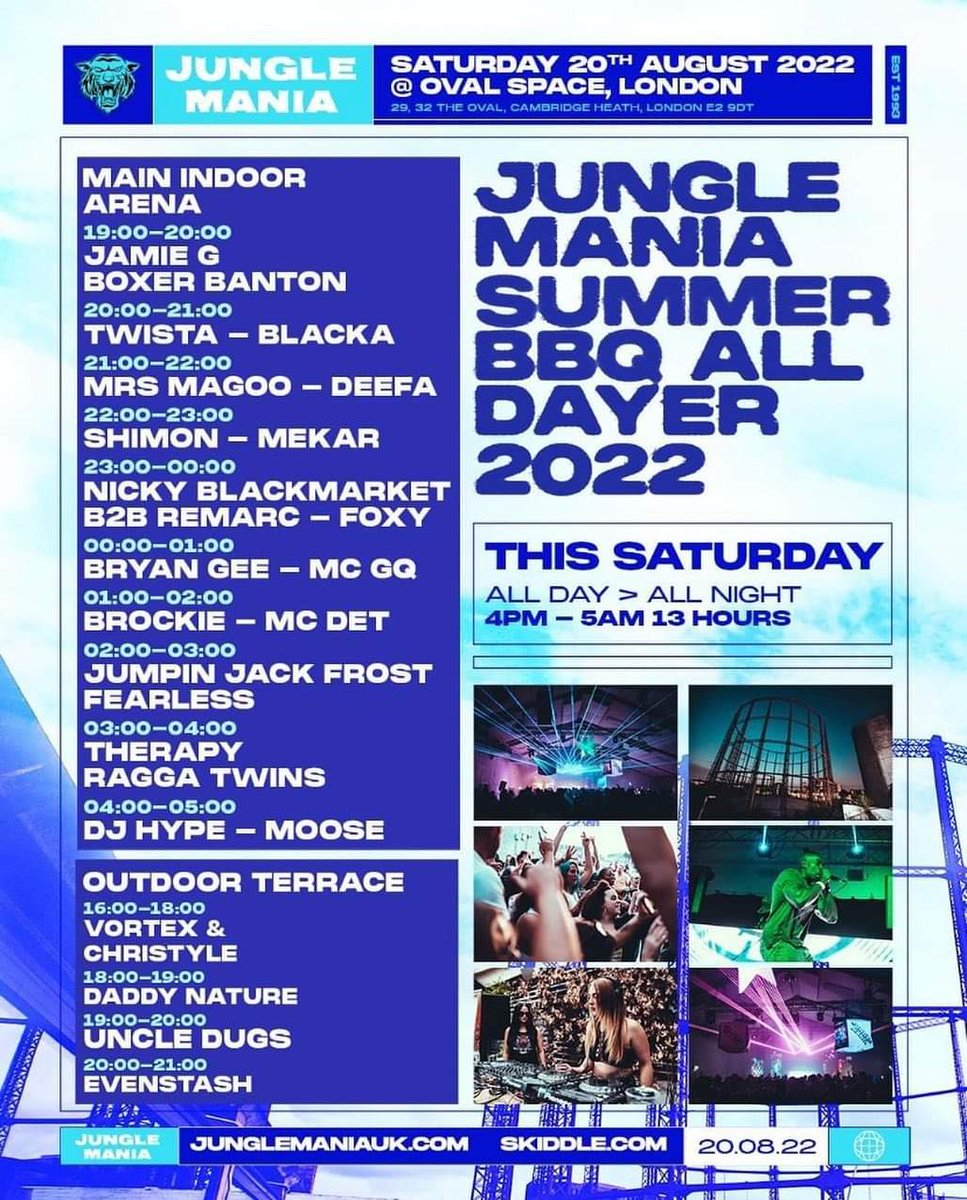 Set times for this coming Saturday catch me 3-4am alongside me bredrin dem Ragga Twins @raggatwinsofficial @raggatwinscertified 
Big Jungle vibes incoming 💯

#junglemania #summerbbq #london #oval #jungle #junglist #raggatwins #therapy