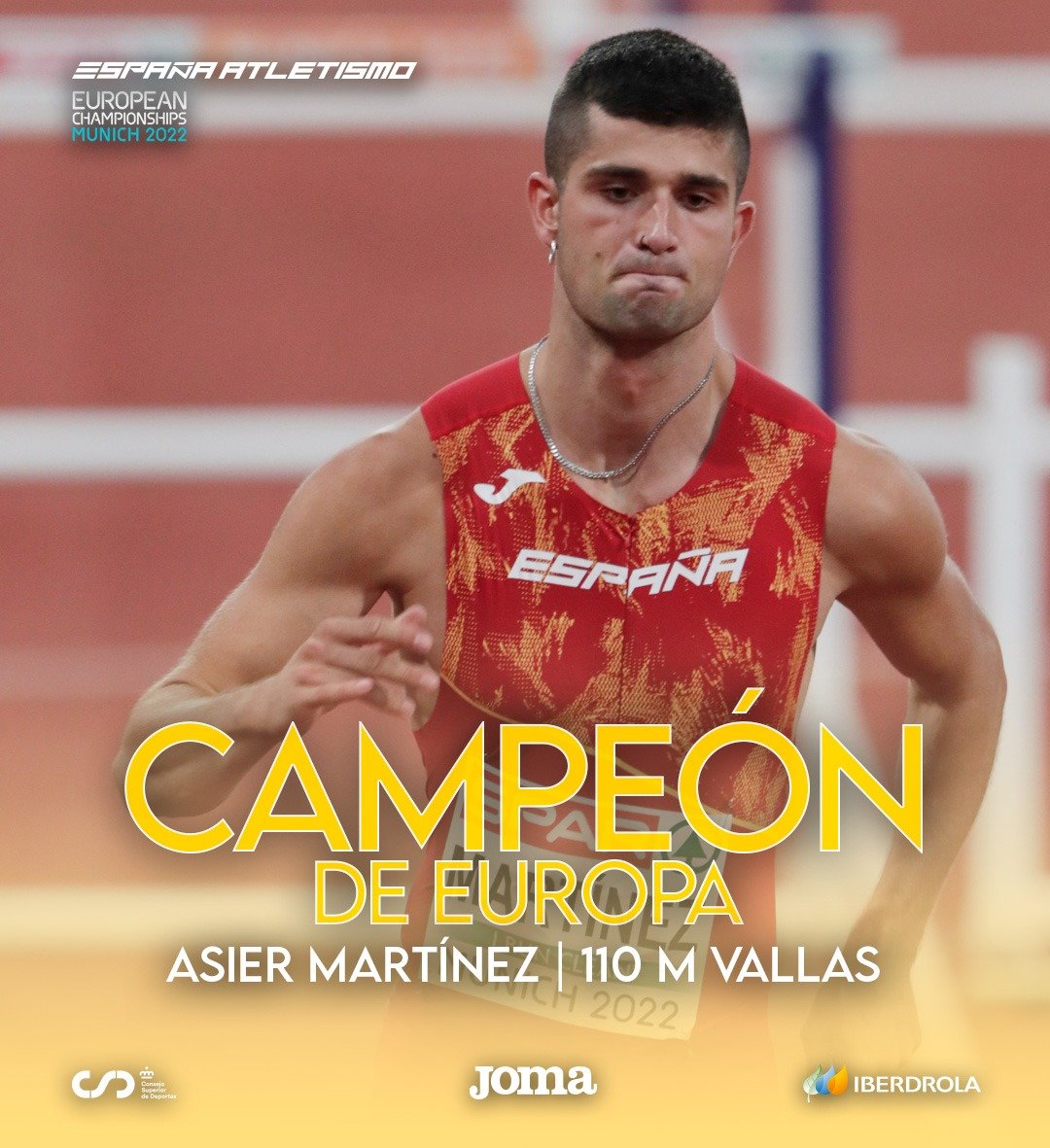 partidazocope's tweet photo. 🇪🇸  ÚLTIMA HORA | Asier Martínez, campeón en los 110 metros vallas del Europeo de #Munich2022

🥇 ¡Medalla de oro europea para @ASIERMARTINEZ17 después de su bronce mundial!

⏱️ Ha batido su marca personal: 13.14

🔝 6ª medalla para España, 2ª de oro

📻 #PartidazoCOPE https://t.co/t61CoSfbrM