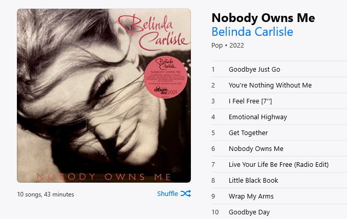 AndySkob's tweet photo. #BelindaCarlisle #NobodyOwnsMe Today's fan-made playlist. Really wish she'd record a new album, I'd even settle for re-recroded acoustic versions of her fav BC songs, maybe @belindacarlisle ? ❤️or an album of your fav songs like George Michael's Songs of the Last Century. https://t.co/1m4npMcduU