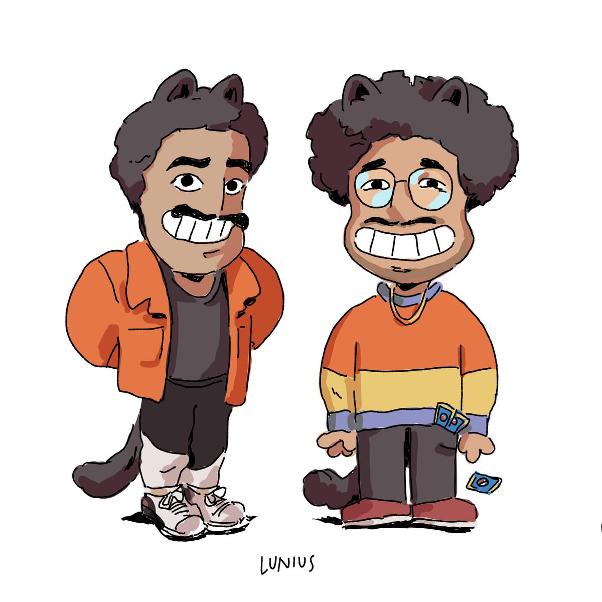 Lunishq's tweet photo. Drew some of the youtube people I've been listening to these days. They're cats because.. eh well, it would be kinda weird otherwise cause one of em is eating cat food https://t.co/HYo7bSZChN
