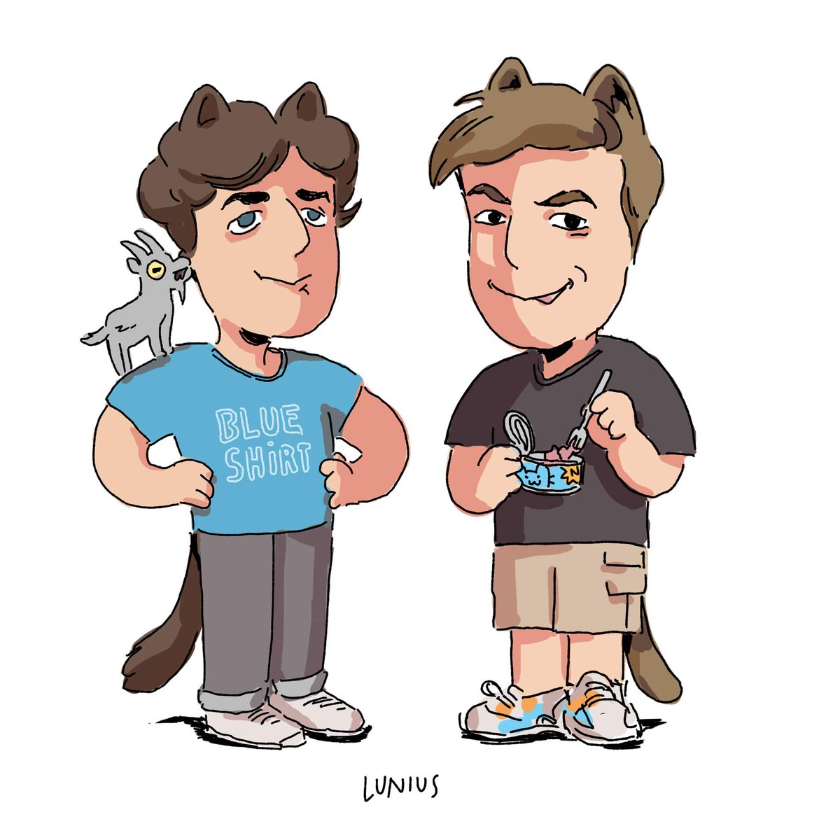 Lunishq's tweet photo. Drew some of the youtube people I've been listening to these days. They're cats because.. eh well, it would be kinda weird otherwise cause one of em is eating cat food https://t.co/HYo7bSZChN