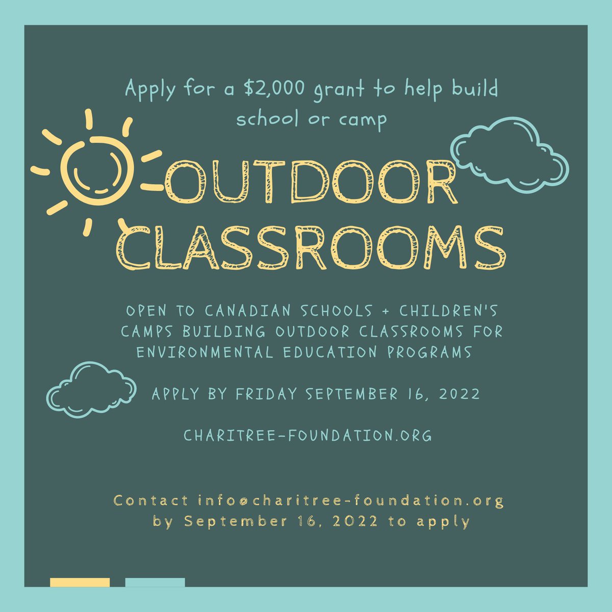 FUNDING OPPORTUNITY: The ChariTree Foundation wants to help build even more #OutdoorClassrooms. 

Apply by September 16th: charitree-foundation.org/canada-outdoor…

#outdoorlearning #CdnEd #bced #abed #sasked #mbed #edchat #oned #qced #nsed #nbed #cdpoli #NUed #NTed #STEM #COP27 @ccampingorg