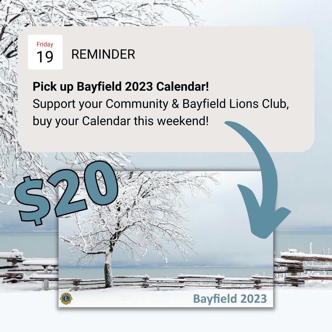 REMINDER don't forget to pick up your 2023 Bayfield Calendar this weekend!🗓 $20 each this weekend at the Bayfield Community Fair, August 19-21! Support your community and the Bayfield Lions Club with your purchase! SEE YOU THIS WEEKEND! #bayfieldlions #weserve #2023calendar