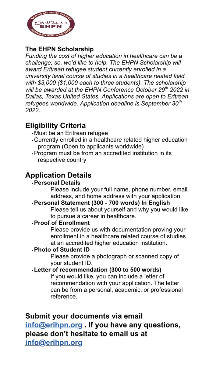 EHPNetwork's tweet photo. ￼
 
The EHPN Scholarship
Funding the cost of higher education in healthcare can be a challenge; so, we’d like to help. The EHPN Scholarship will award Eritrean refugee student currently enrolled in a university level course of studies in a healthcare related field with $3,000.. https://t.co/voa4ypD1mc