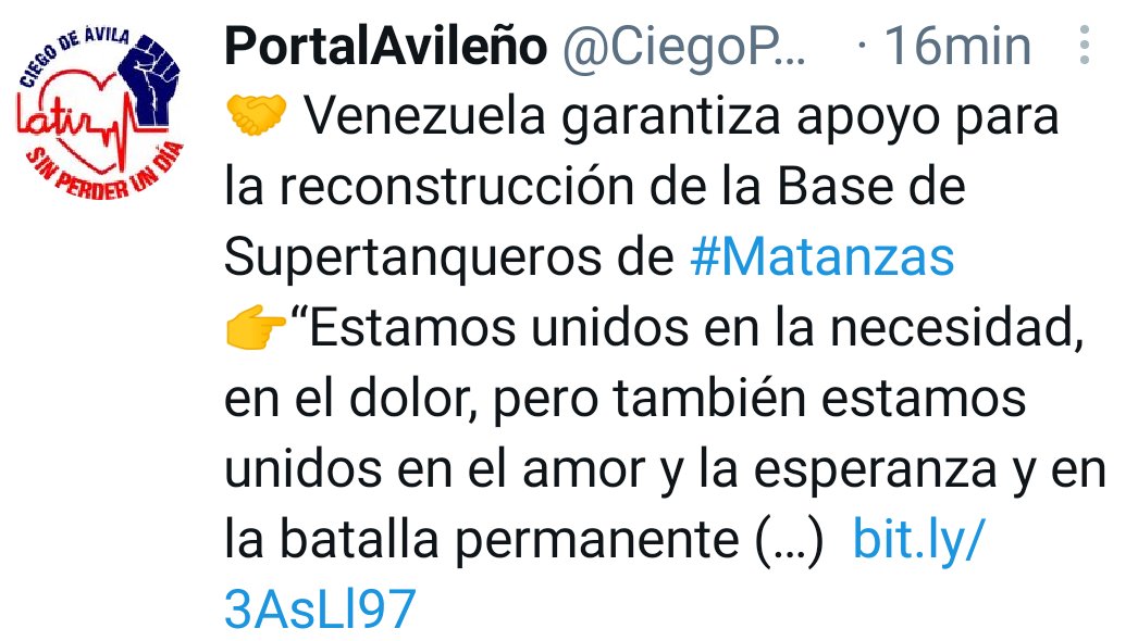 #MatanzasNoEstaSola #FuerzaMatanzas
#CubaPorLaPaz #CubaEsAmor
#Cuba <a href="/AvilaEpt/">EPT Ciego de Ávila</a> <a href="/LatirAvileno/">Latir Avileño</a> <a href="/SanchezSuriely/">Suriely Sánchez</a> <a href="/CiegoPortal/">PortalAvileño</a> #CiegoDeÁvila <a href="/ManuelM20298965/">Marin</a>. #CubaPorLaVida