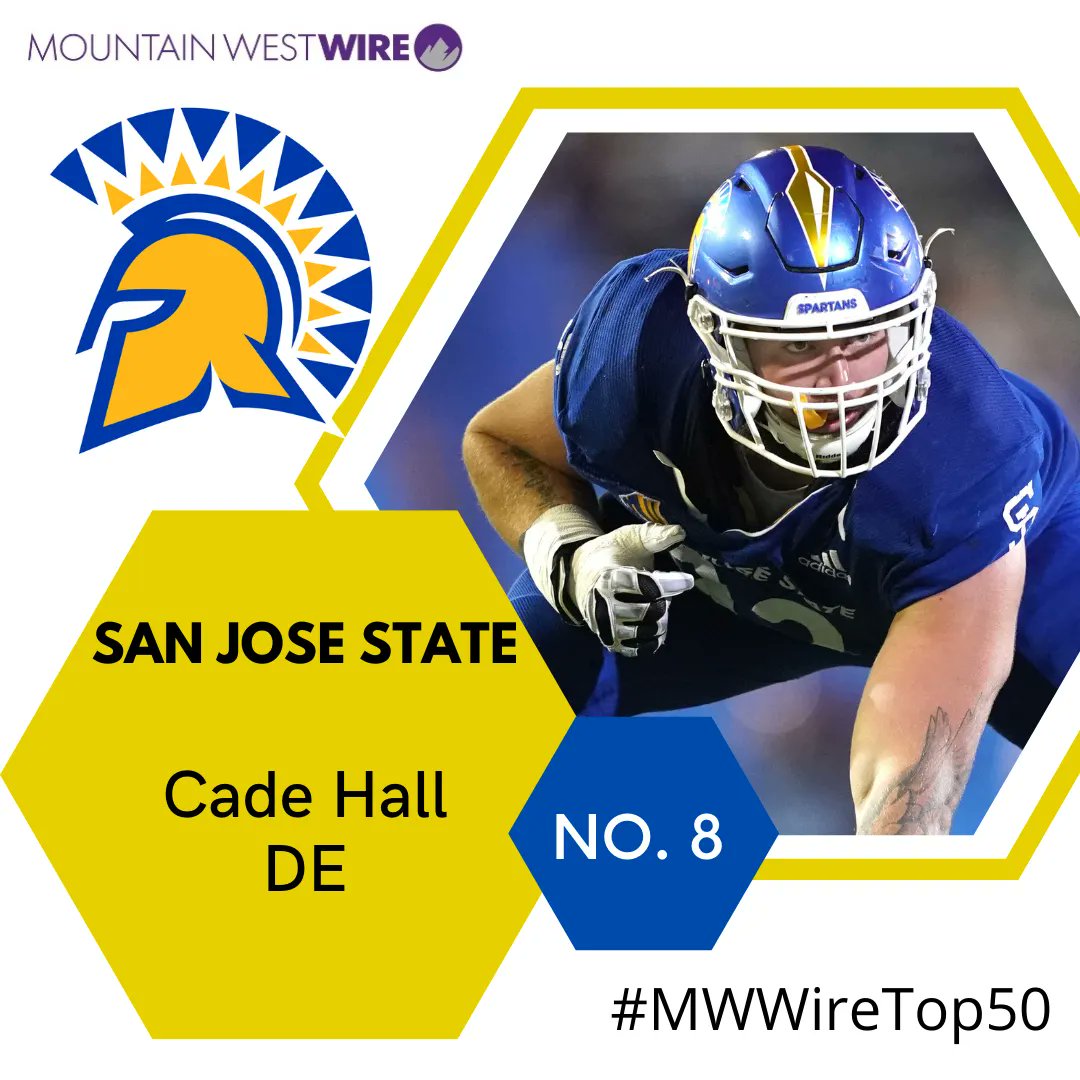 MWCwire's tweet photo. Still to be feared, San Jose State defensive end Cade Hall is back in the top ten of the #MWwireTop50 once again, this time at #8 among the Mountain West's best.

https://t.co/mNpsK2HZNc

#spartanup @Coach_Seumalo https://t.co/VQnVTCp2qi