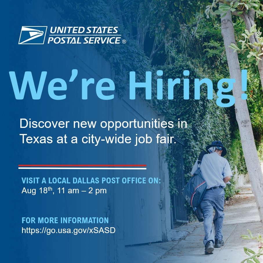 Discover new opportunities in Texas at a city-wide job fair. And for tips on where and how to apply: uspsblog.com/applying-for-a…

#USPSCareers #NowHiring #Jobs #JobSearch #Job #JobHunt #JobOpening #Hiring #Careers #Employment #opentowork #career #work #recruitment