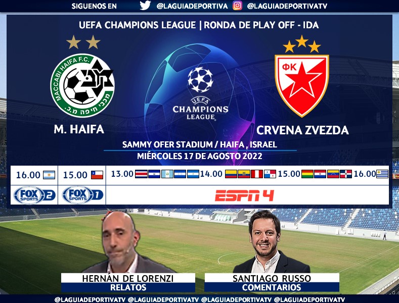 Laguadeportiva1's tweet photo. #UCL Play Off (Ida) | 🇮🇱 #MHaifa 🆚 #CrvenaZvezda 🇷🇸
🗣️Relatos: @hernandelorenzi
🎙️Comentarios: @SantiRusso
📺Fox Sports 2 🇦🇷 / Fox Sports 1 🇨🇱
📺ESPN 4 Centro y Sudamérica (Excepto 🇦🇷🇨🇱)
🖥️STAR+
#⃣ #CHAMPIONSxESPN #ESPNenStarPlus
Dale RT https://t.co/aFVn8zErHD