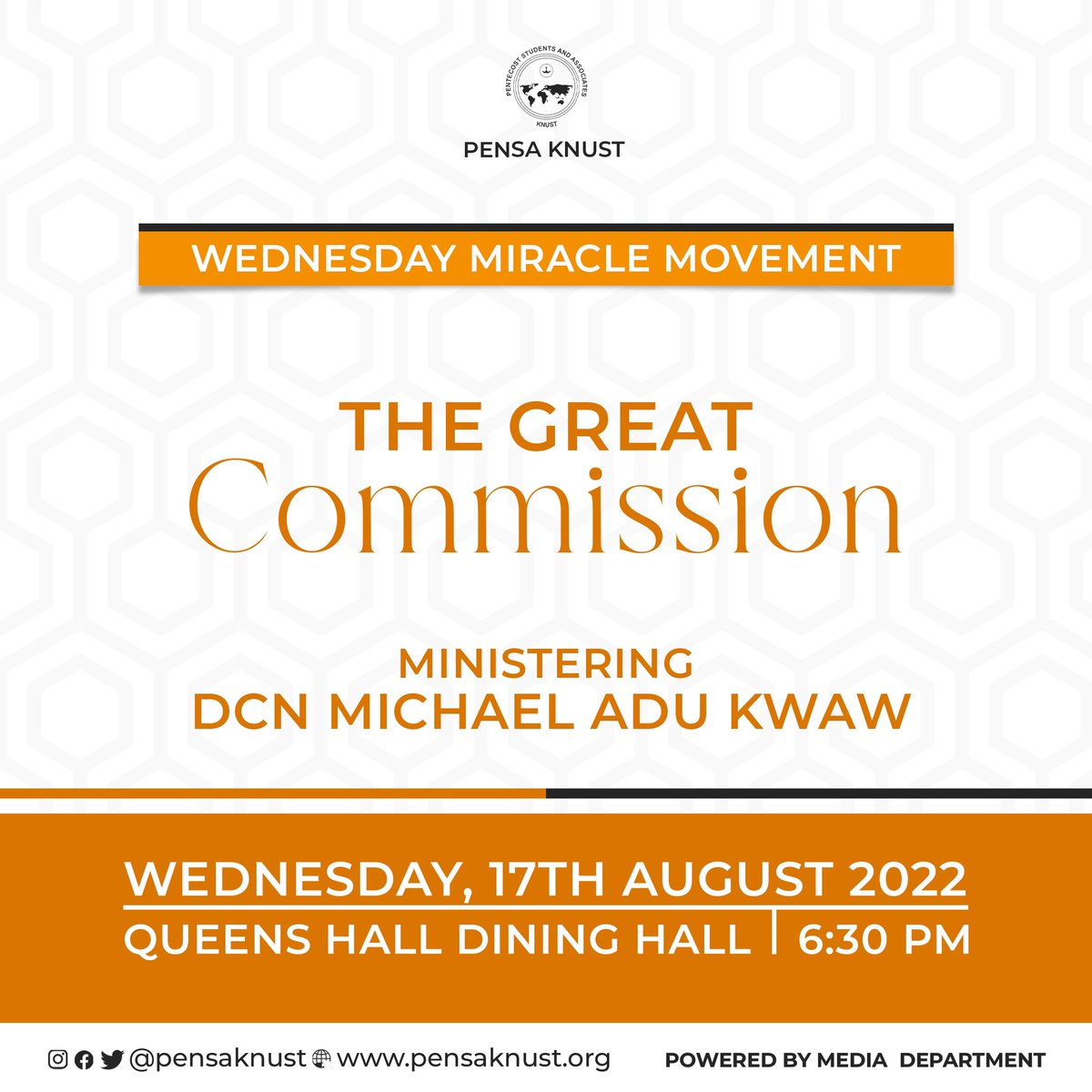 PENSAKNUST1's tweet photo. 🔊| Wednesday Miracle Movement 

We have a charge to keep✊🏽, a God to glorify, a never-dying soul to save and ultimately fit for the sky. 

Theme: The Great Commission 

🎙Dcn. Michael Adu-Kwaw (Our newly inducted Evangelism secretary) 

#TrueDisciplesofChrist https://t.co/ESe3AHXkIN