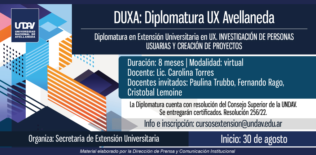 UNDAVOFICIAL's tweet photo. 🔸#DUXA: Diplomatura UX Avellaneda
Diplomatura en Extensión Universitaria en UX. Investigación de Personas Usuarias y Creación de Proyectos
📌Duración 8 meses | Modalidad: Virtual
📲Más información e inscripciones: cursosextension@undav.edu.ar
#UniversidadPública #Extensión https://t.co/HUiFghZ5fp