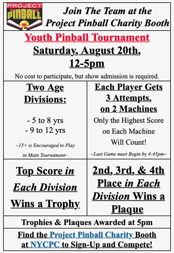 ProjectPinball's tweet photo. IN 2 DAYS #ProjectPinballCharity will be at the NYC #Pinball Championships, August 19th-21st! 
Find the #ProjectPinballBooth to sign up your kiddos for the Youth Pinball Tournament! 
#NYCPC #YouthPinball #ForTheKids #PinballNews #PinballUpdate #PinballLife #NYC #Charity https://t.co/3R1YlkpLFR
