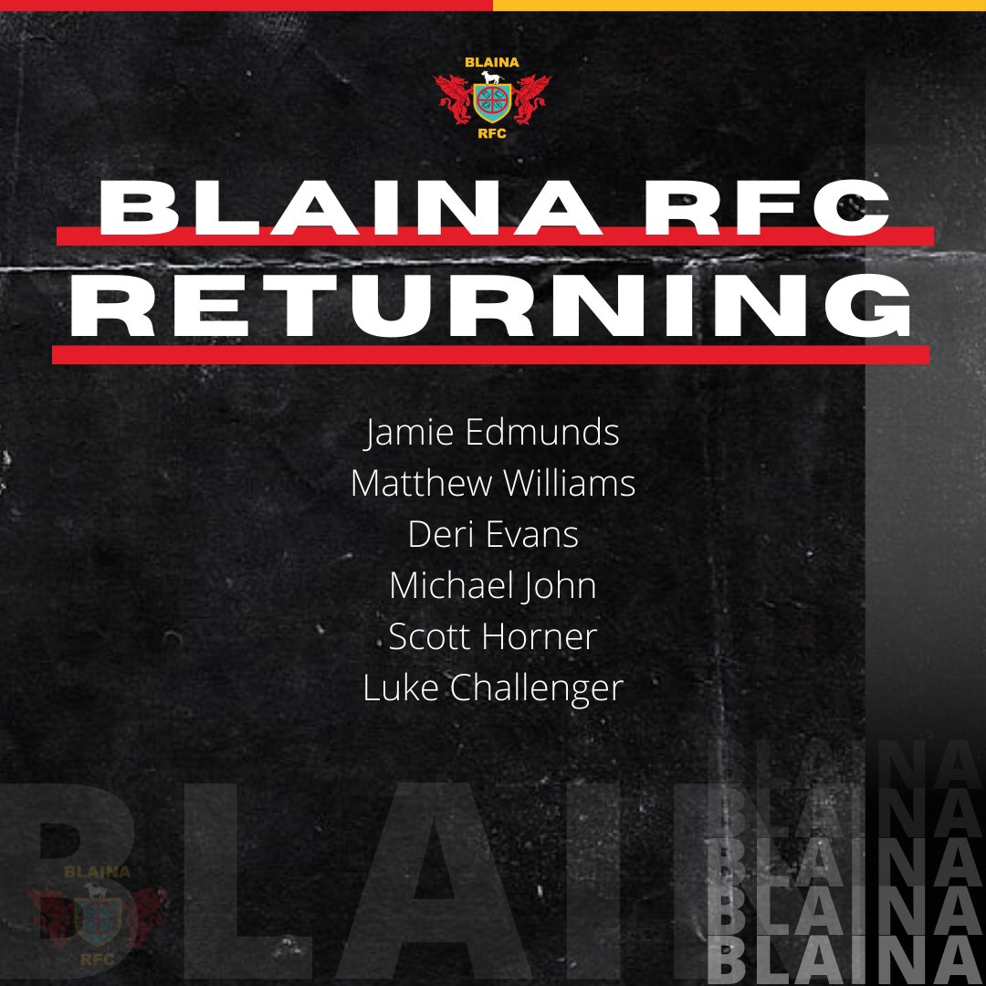 LambsRfc's tweet photo. RETURNING PLAYERS | Blaina RFC are thrilled to announce that we several players returning to the club.

Deri, Scott, Matthew, Luke and Jamie all return after some time away from the game. Whilst Michael returns after a brief period up at Nantyglo RFC.

#LAMBS https://t.co/sCb4QPPcJm