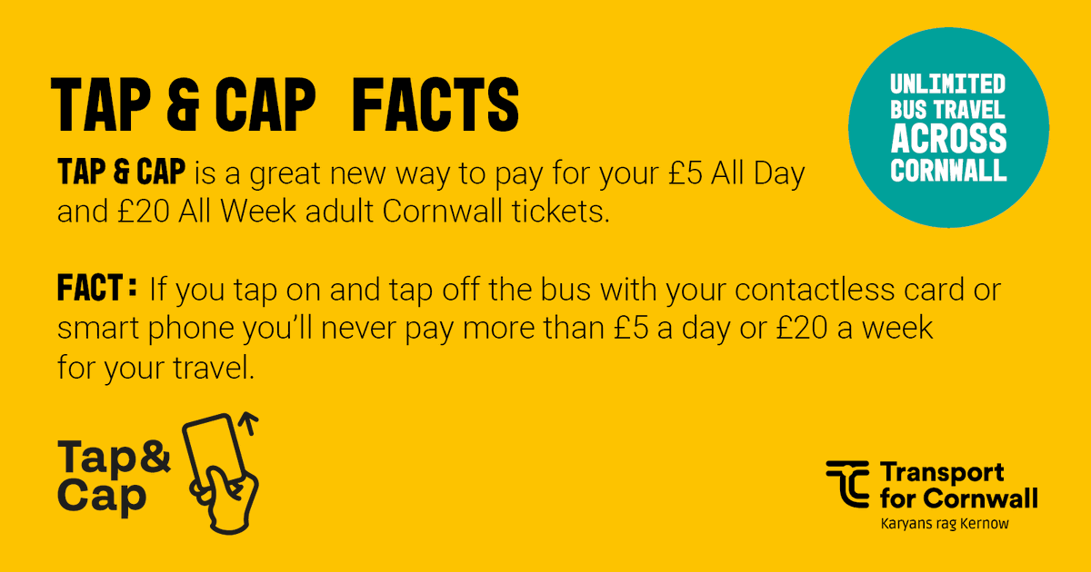 GoCornwallBuses's tweet photo. Have you tried Tap & Cap yet? If you're an adult making lots of trips, it'll make sure you get the best value fare.
#TapAndCap https://t.co/9clzDPAhJr
