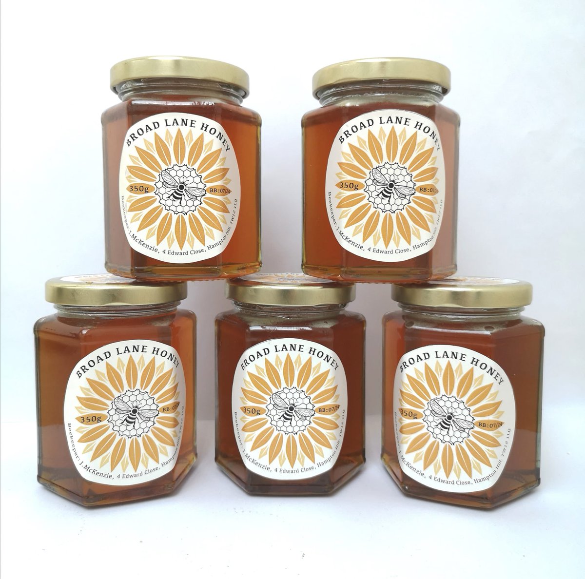 It’s arrived! 
Broad Lane Honey, made by bees in our garden on Broad Lane Hampton. 
Available for purchase: 
350g £10
238g £8
150g £5
We shan’t be mailing but happy to deliver in The Hamptons, Teddington Twickenham, East Molesey, Sunbury.