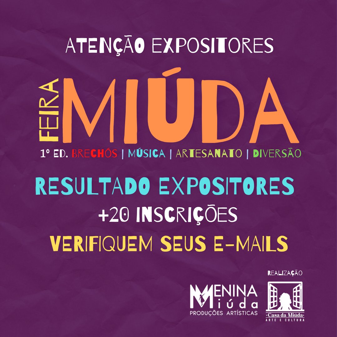 casadamiuda's tweet photo. 📢 ATENÇÃO EXPOSITORES!

✅ Anunciamos o resultado das inscrições para expositores na Feira Miúda. Foram mais de 20 expositores e com muitos produtos maravilhosos. 

👨‍💻Verifiquem suas caixas de e-mail e SPAM que lá tem todas as informações. Agradecemos pelas inscrições de todes! https://t.co/Npj45nH5vt