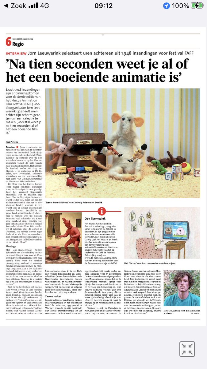 Ik ben in Liverpool maar toen ik het <a href="/nhdagblad/">Noordhollands Dagblad</a> opende! Stond er een hele pagina in over het #FluXus Animation Film Festival! Bijna 27 aug. 🎞🎶 Wat kijken we met Team FAFF uit om alle animaties, livemuziek, expositie en workshops met jullie te delen! <a href="/fluxafest/">FluXus Animation Film Festival</a> <a href="/FabriekZaandam/">De Fabriek</a>