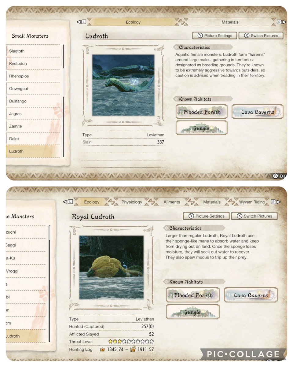 Caiman_fan's tweet photo. The ecology entry in the Hunter’s Notes from Monster Hunter Rise for my favorite monster, the aquatic lizard-like leviathan Ludroth and the larger male Royal Ludroth. 

#MonsterHunterRise #Ludroth https://t.co/4JO7SRoTaj