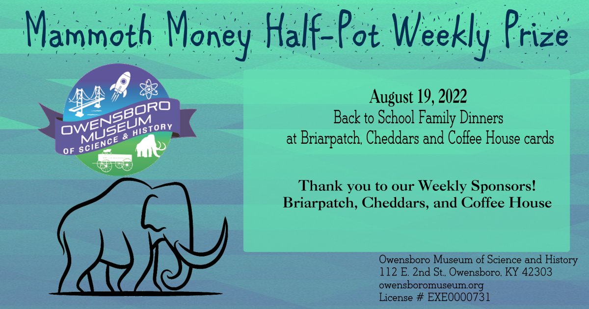 OMSHKY's tweet photo. This week's prize for our Mammoth Money Half Pot!

#FA5 #FridayAfter5 #OMSH #OwensboroMuseum  #MammothMoney #Briarpatch #Cheddars #HalfPot https://t.co/z60j39vZSg